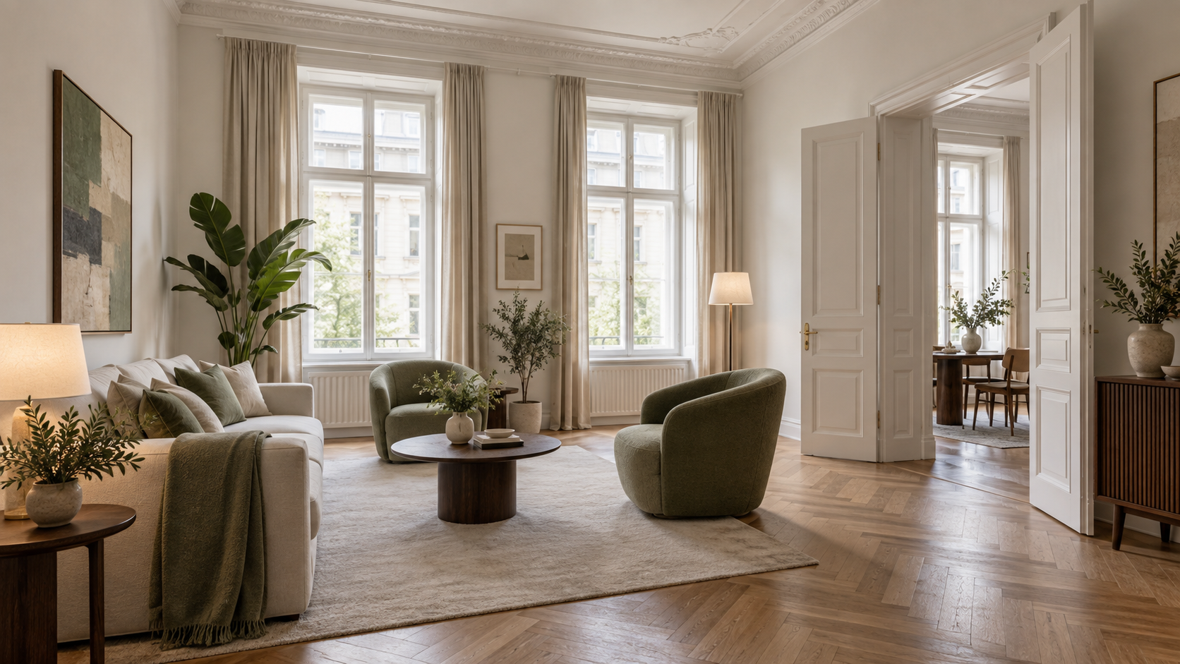 Helle Wiener Altbauwohnung mit hohen Fenstern, Flügeltür und Fischgrätparkett