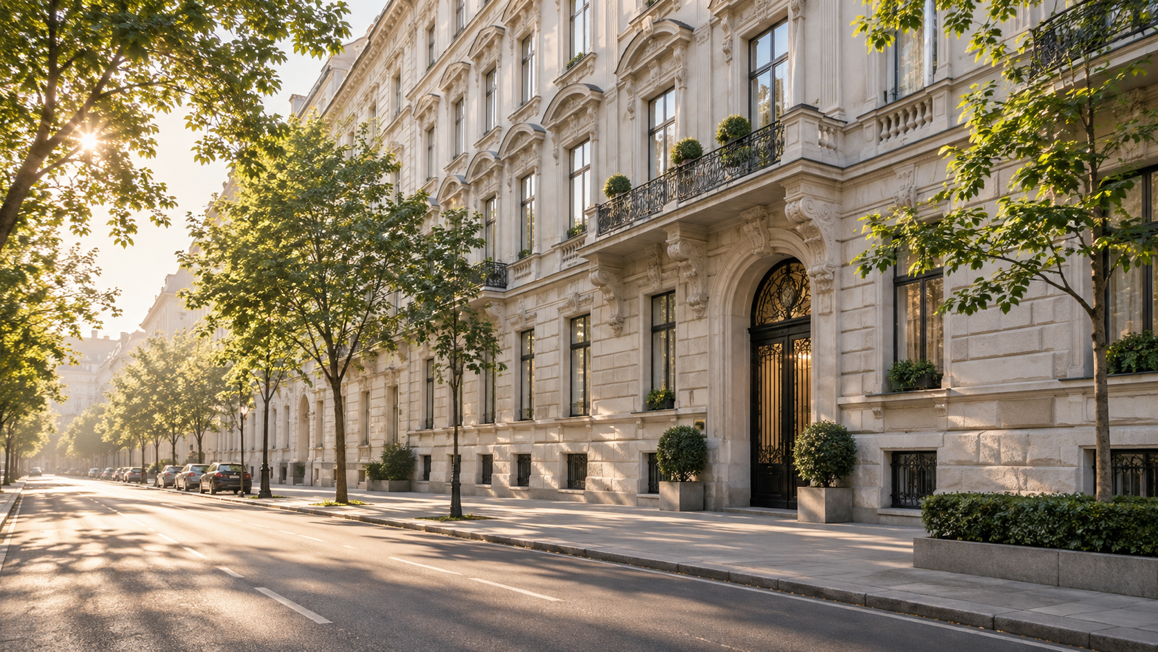 Elegante Wiener Gründerzeitfassade an einer von Bäumen gesäumten Straße